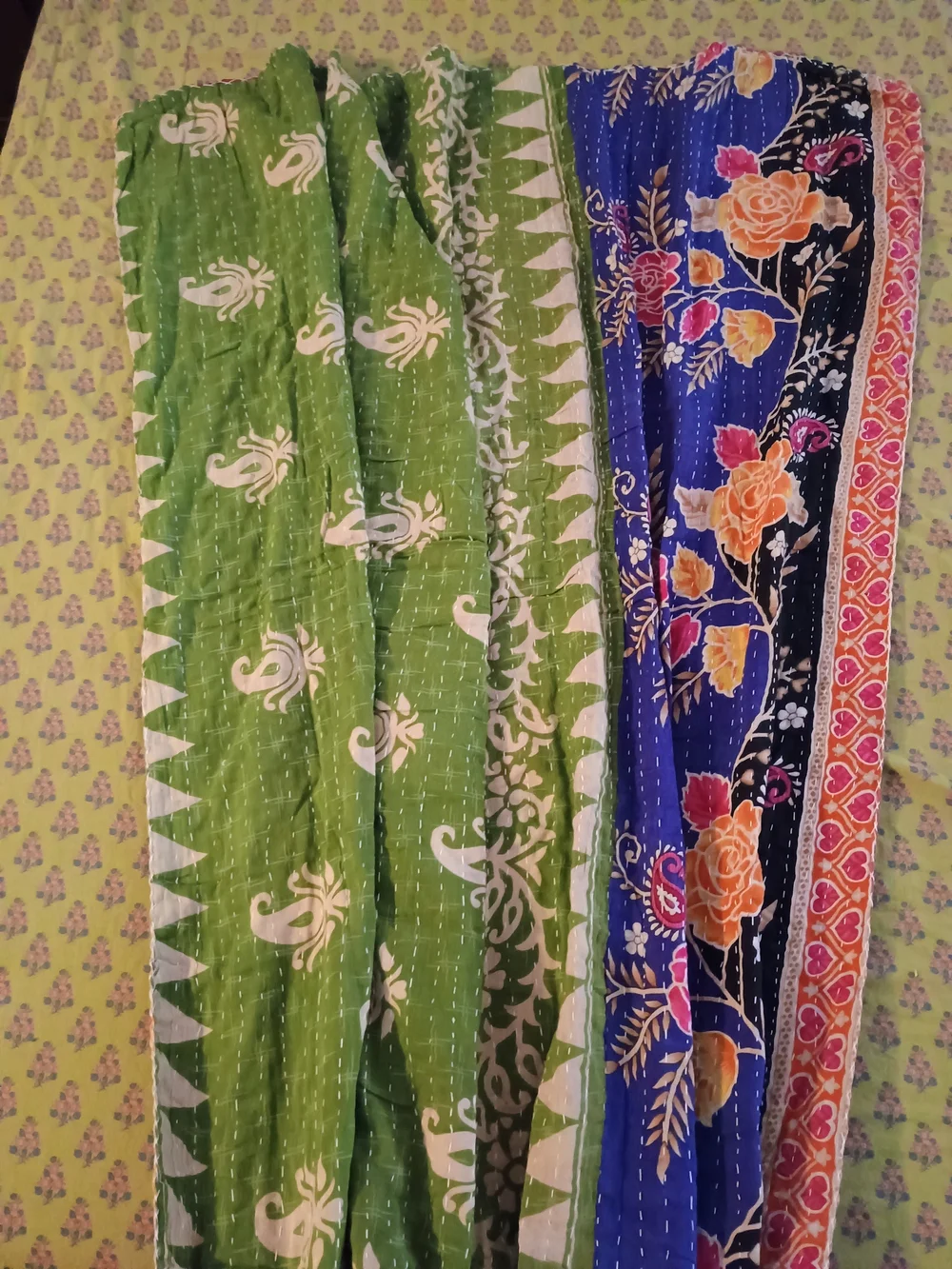 Handcrafted Multicolor Reversible Kantha Quilt – Pink, Green & Blue
